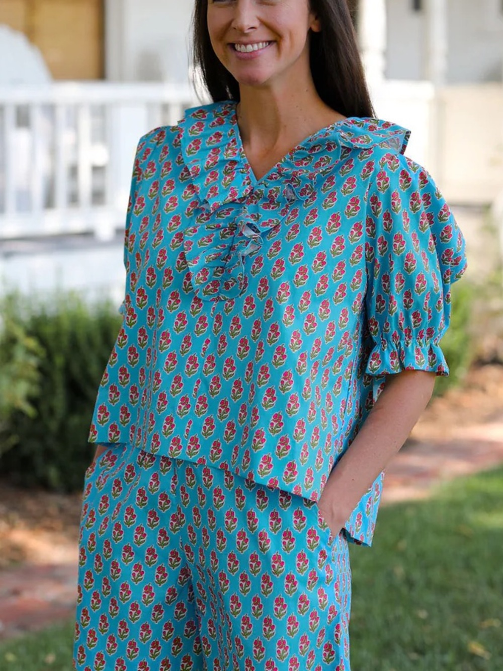 NEW Quiet Culture Pretty in Peace Millie Pant Set Blue Floral Block Print Large